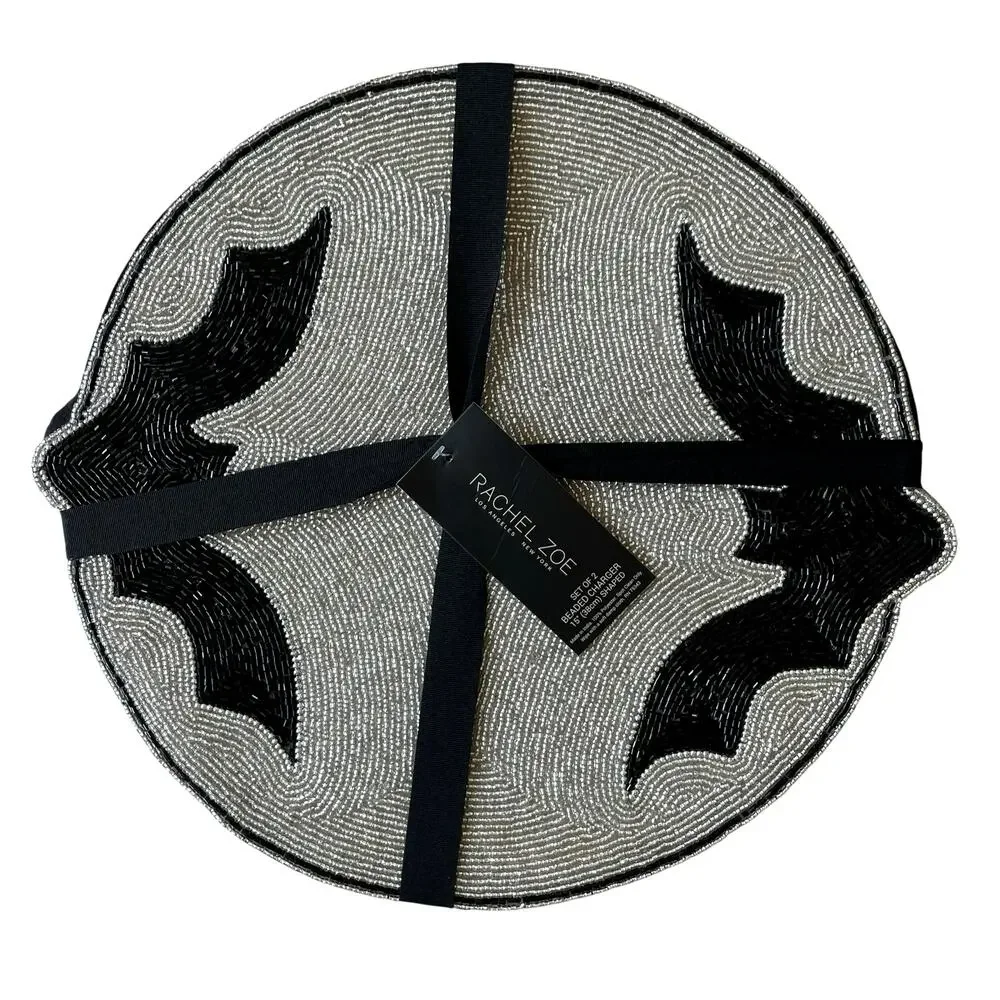 2pc Rachel Zoe Halloween Bat Border Placemat Charger 15in Black & Silver NEW